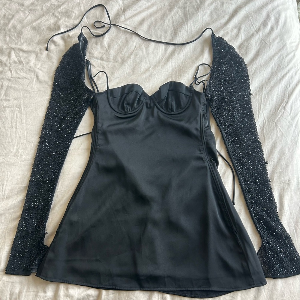Black Beaded Sleeve Bustier Mini Dress with Satin Body